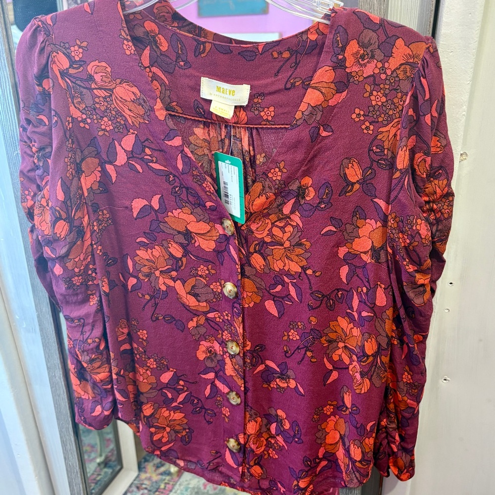 Anthropologie Floral Button-Front Blouse - Plum with Orange Accents